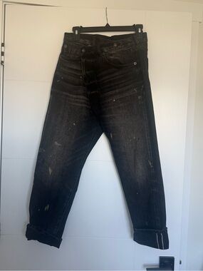 R13 Women's Black Crossover Distressed Jeans with Paint Accents